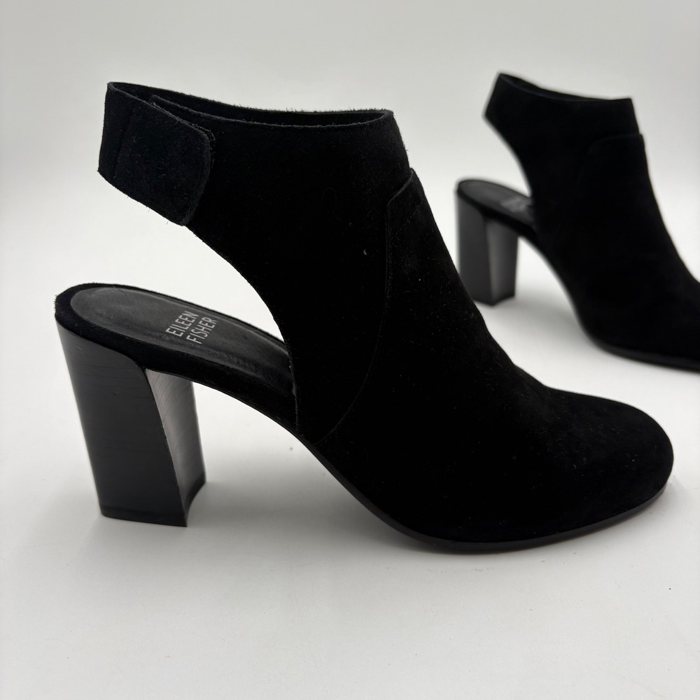 Eileen Fisher Black Suede Slingback Block Heel Booties Vero Cuoio Womens 6